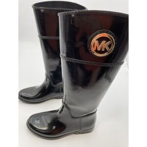 Michael Kors Knee High Shiny Black Rain Boots Womens Size 7 Almond Toe Logo